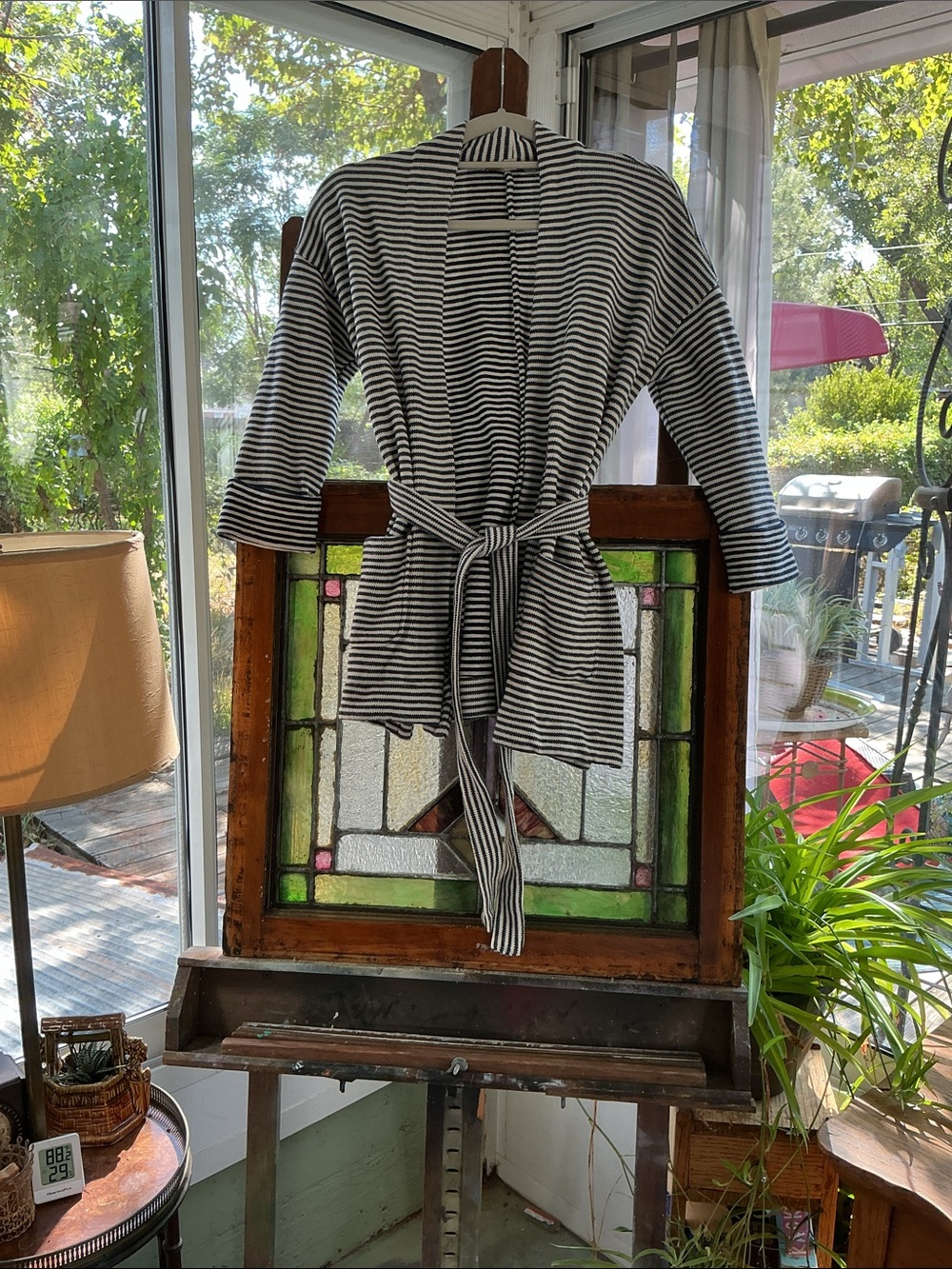 LOFT Black & White Striped Wrap Trench Cardigan